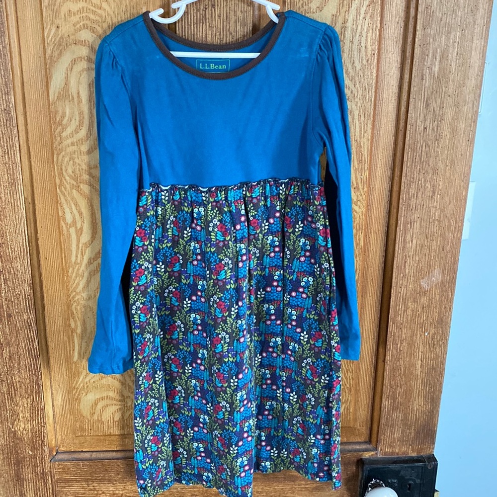 LLBean girls dress size 8, teal and floral